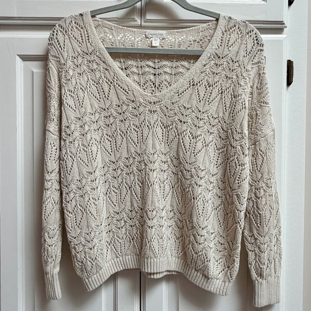 Garnet Hill Linen & Organic Cotton Pointelle Sweater V-Neck Cream Size Small